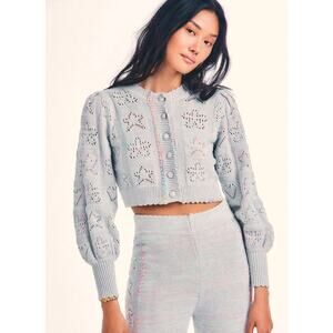LoveShackFancy Lata Cropped Knit Cardigan Sweater Large Pastel Rainbow Stars